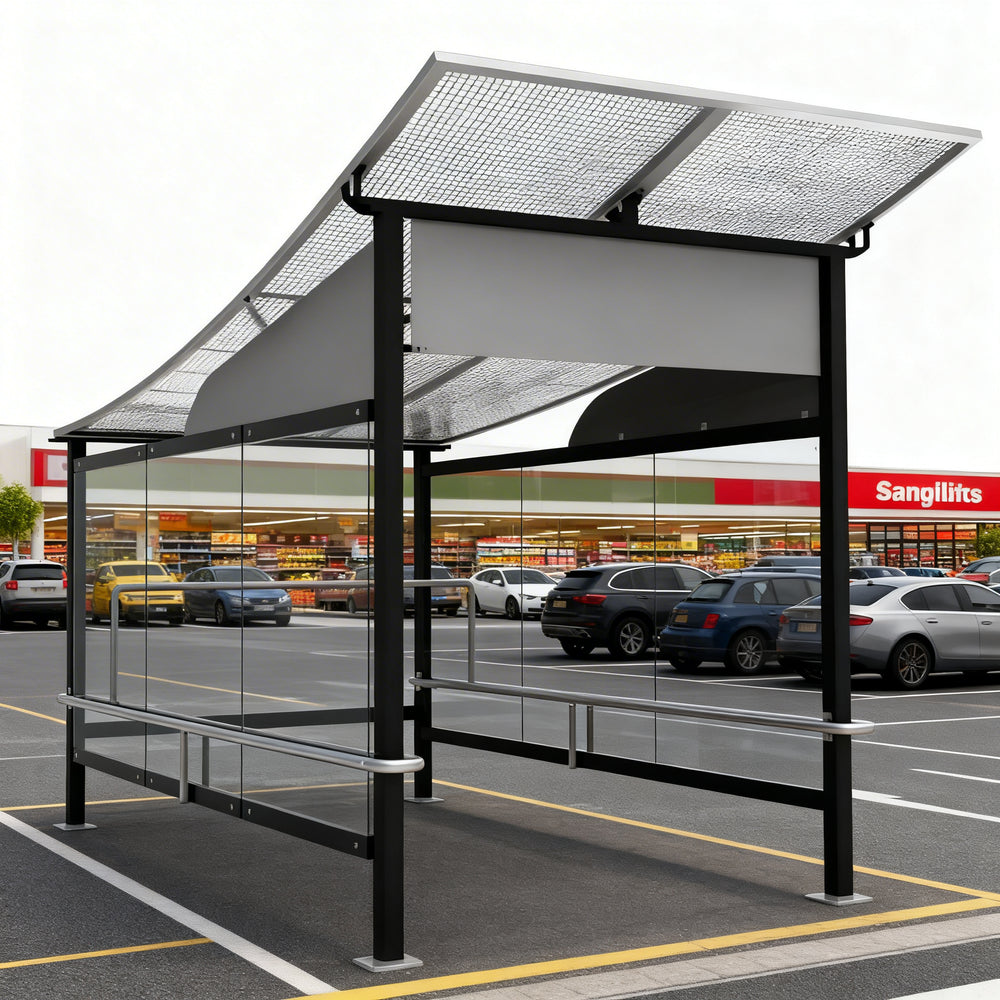 Close‑up of wavy perforated metal roof on TAIMCO shopping cart shelter showing modern weather‑resistant design.