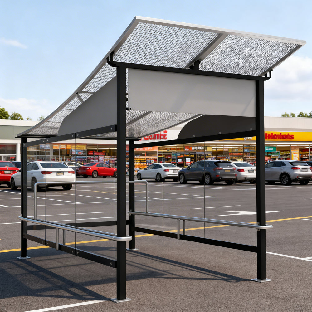 Rear angle of shopping cart shelter with perforated roof and full glass back panel.
