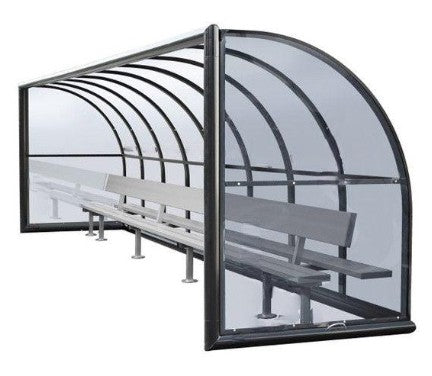 Interior of TAIMCO referee shelter with multi‑seat aluminum bench and steel frame.
