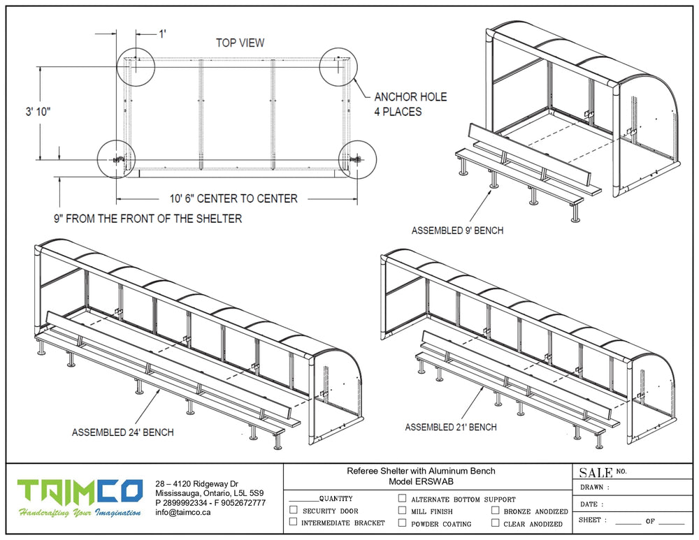 Technical drawing of a bench assembly with dimensions and labels