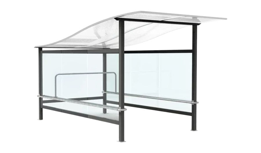 Stainless steel handrail system inside TAIMCO shopping cart shelter for secure and organized cart alignment.