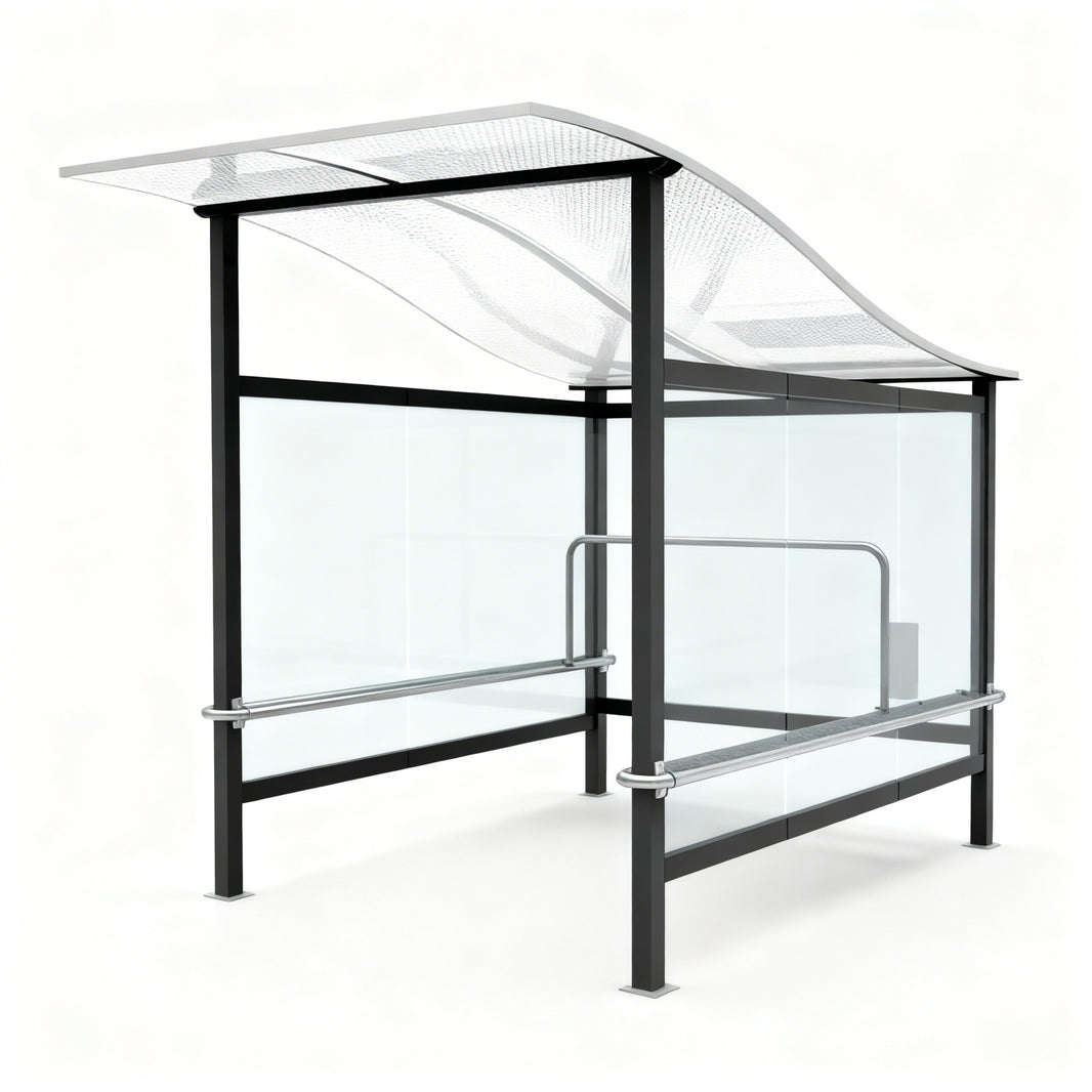 TAIMCO shopping cart shelter with wavy polycarbonate roof and full glass side panels.