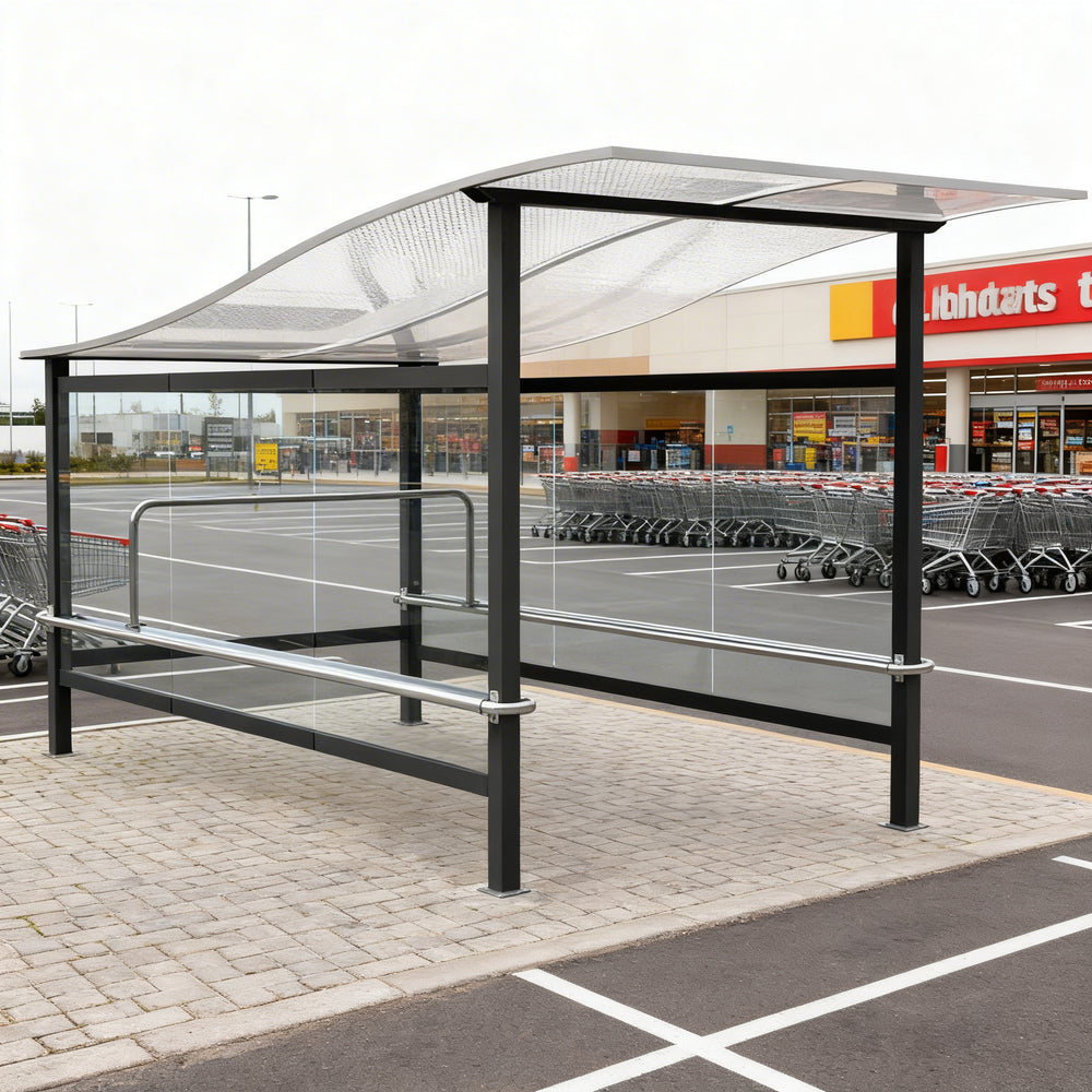 Close‑up of wavy polycarbonate roof on TAIMCO shopping cart shelter showing modern weather‑resistant design.