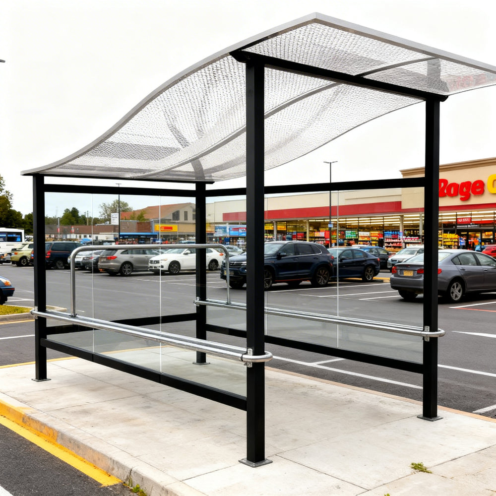 Black steel frame and precision‑welded joints on TAIMCO shopping cart shelter.