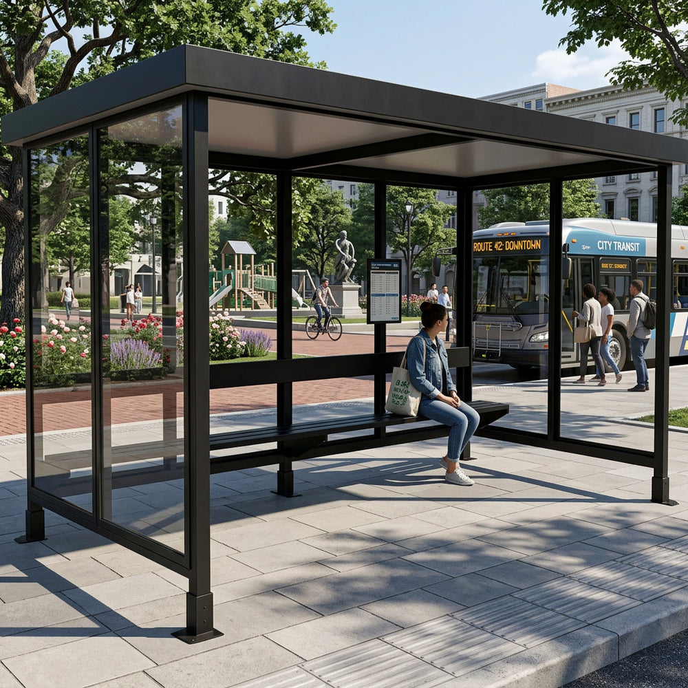 Rear angle of bus stop shelter with flat roof and full glass back panel.