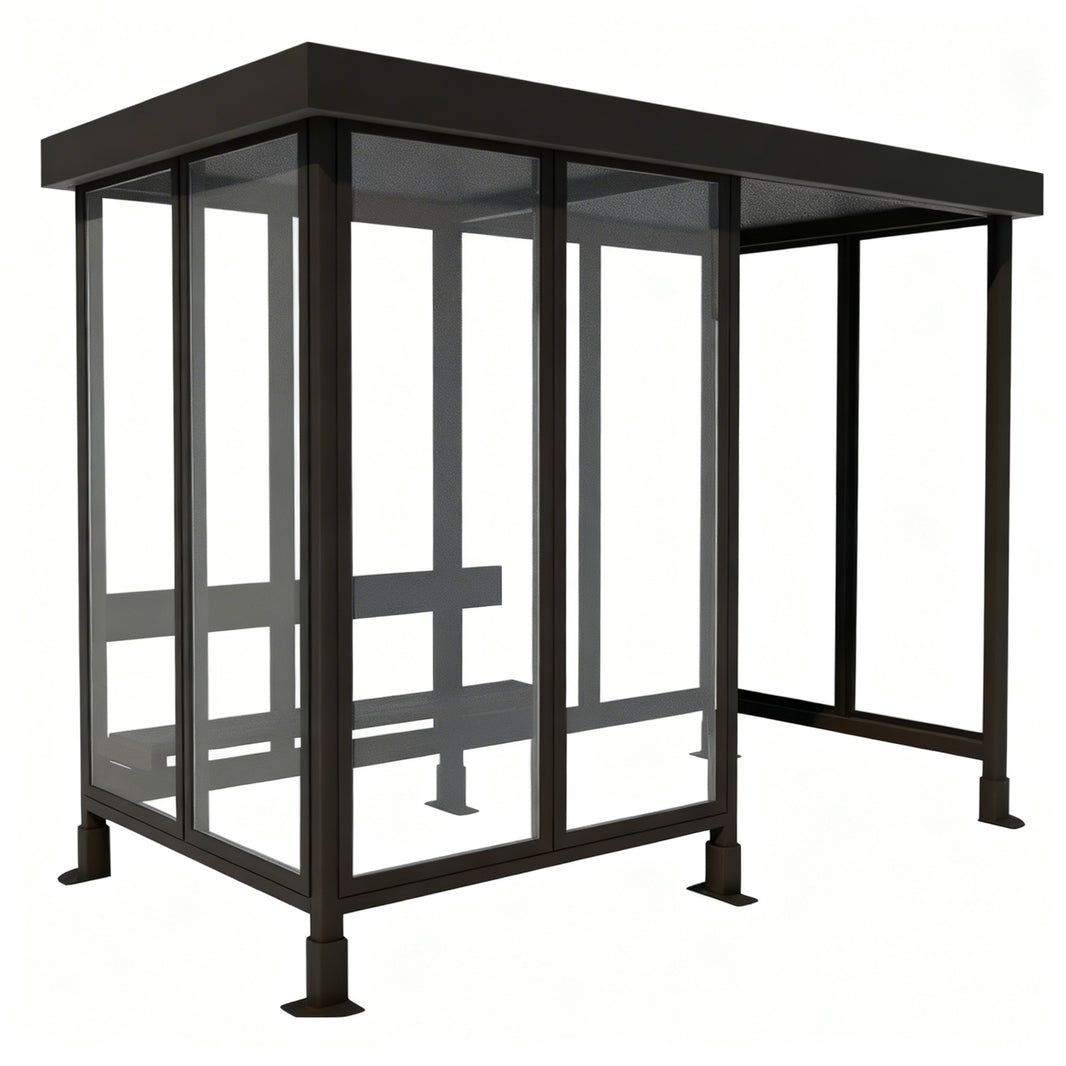 TAIMCO bus stop shelter with flat roof, full glass panels, and integrated bench seating.