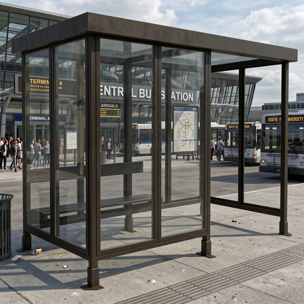 Black steel frame and precision‑welded joints on TAIMCO bus stop shelter.