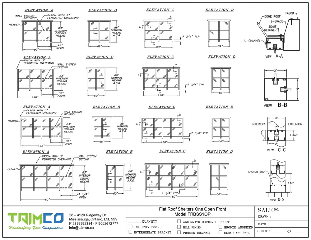 Technical drawings of a flat roof shelter with various elevations and views, featuring the brand 'Taimco'.