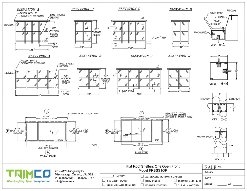 Technical drawing of a flat roof shelter with various views and dimensions, featuring the Taimco logo.