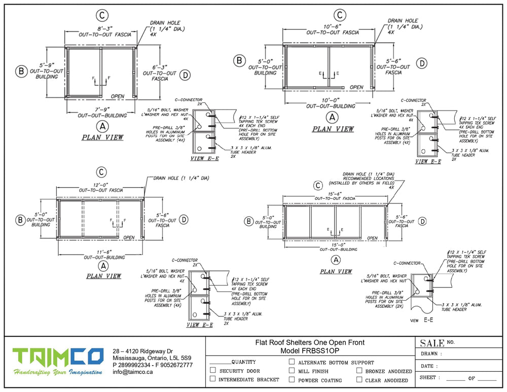 Technical drawing of a flat roof shelter with dimensions and labels