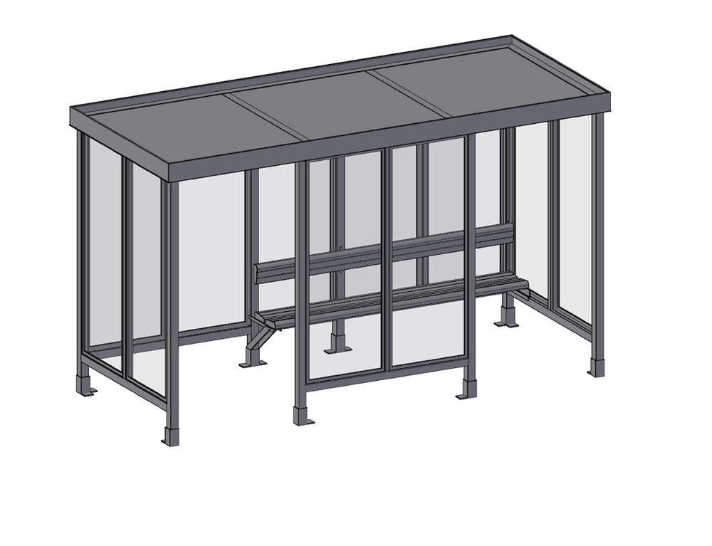 TAIMCO bus stop shelter installed outdoors with flat roof and glass side panels for public transit use.