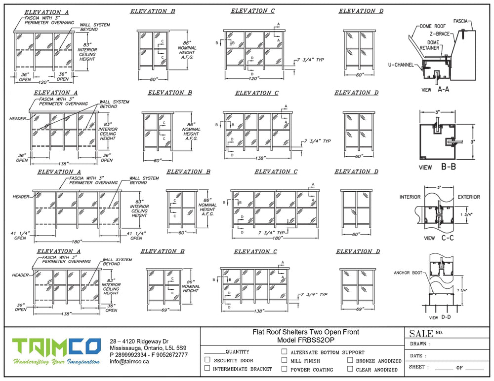 Technical drawings of flat roof shelters with various elevations and views, featuring the Taimco logo.