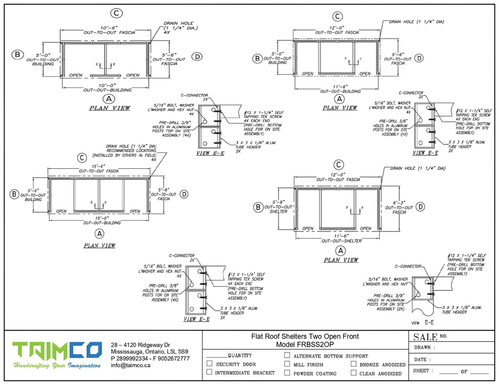 Technical drawing of flat roof shelters with dimensions and labels