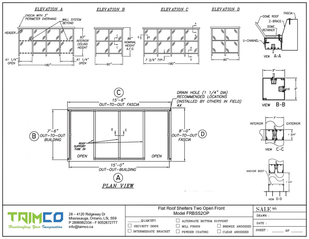 Technical drawing of a flat roof shelter with dimensions and details