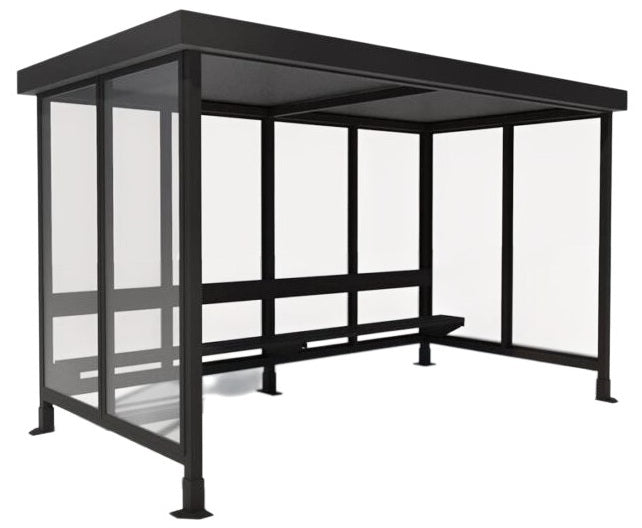 TAIMCO bus stop shelter with flat roof, full glass panels, and integrated bench seating.