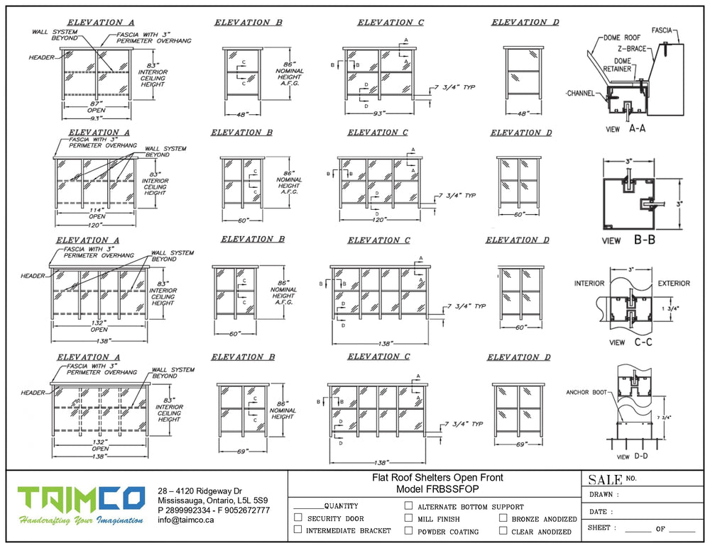 Technical drawings of flat roof shelters with various elevations and views, featuring the Taimco logo.