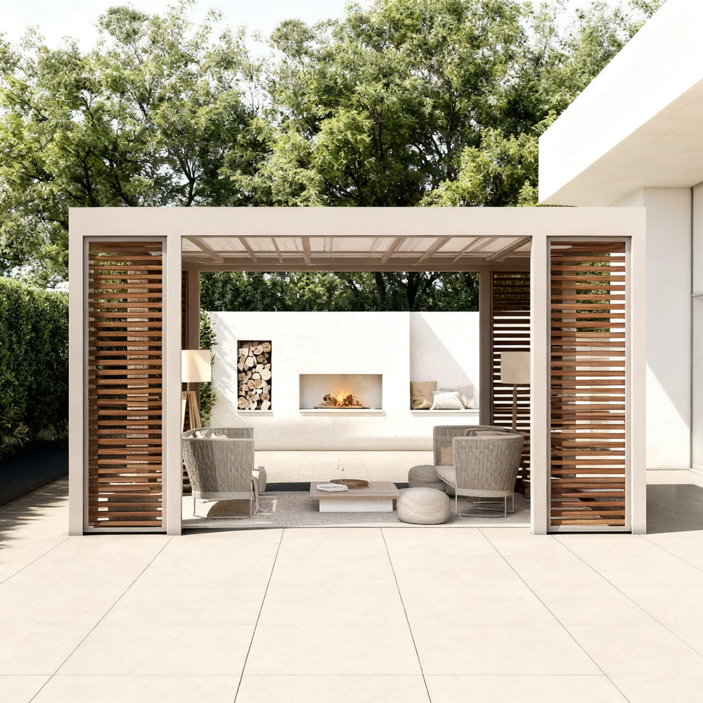 Outdoor pergola with adjustable roof and modern steel frame