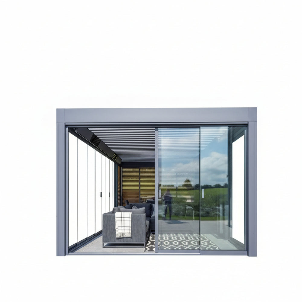 Close‑up of pergola louver blades and structural frame.