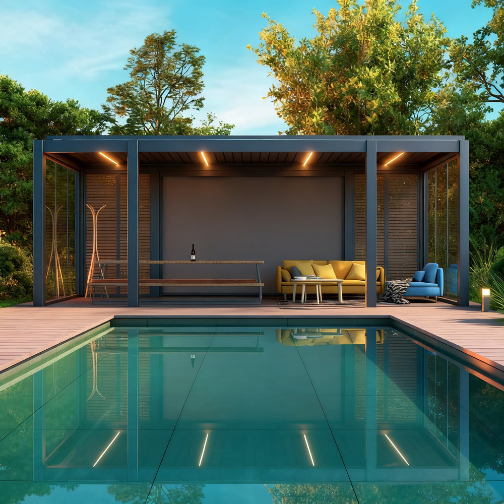 Modern free‑standing louvered pergola with adjustable roof blades