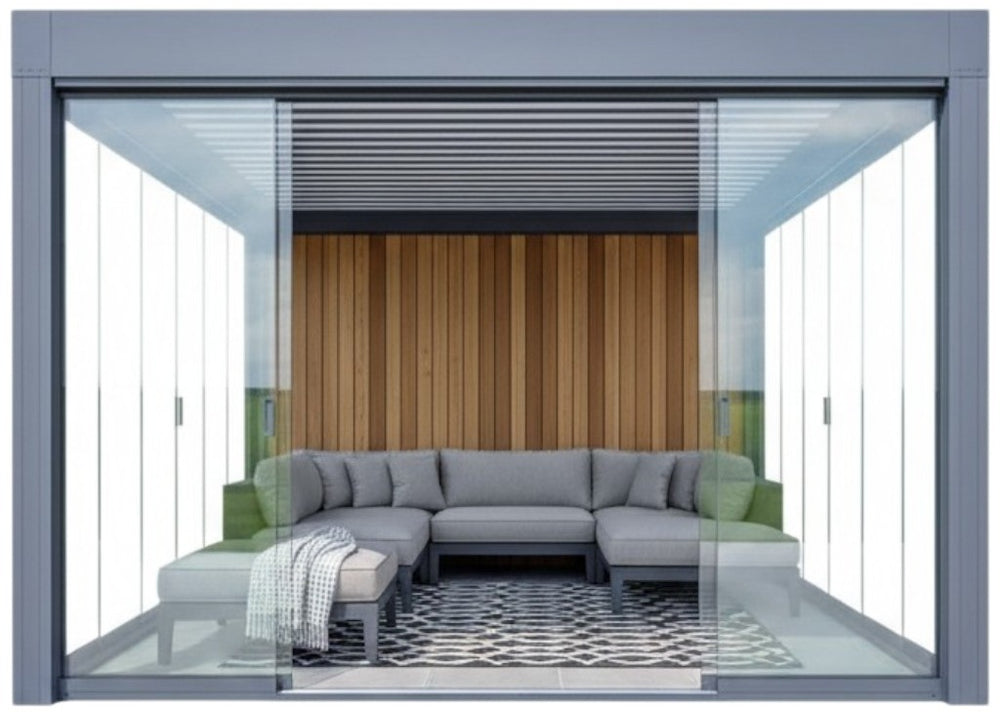 Side angle of louvered pergola with horizontal roof slats