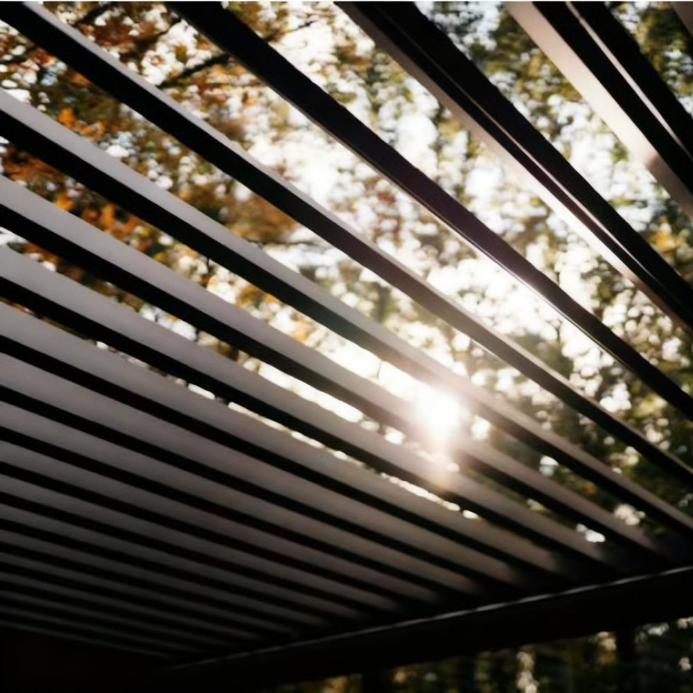 Close‑up of pergola louver blades and structural frame.