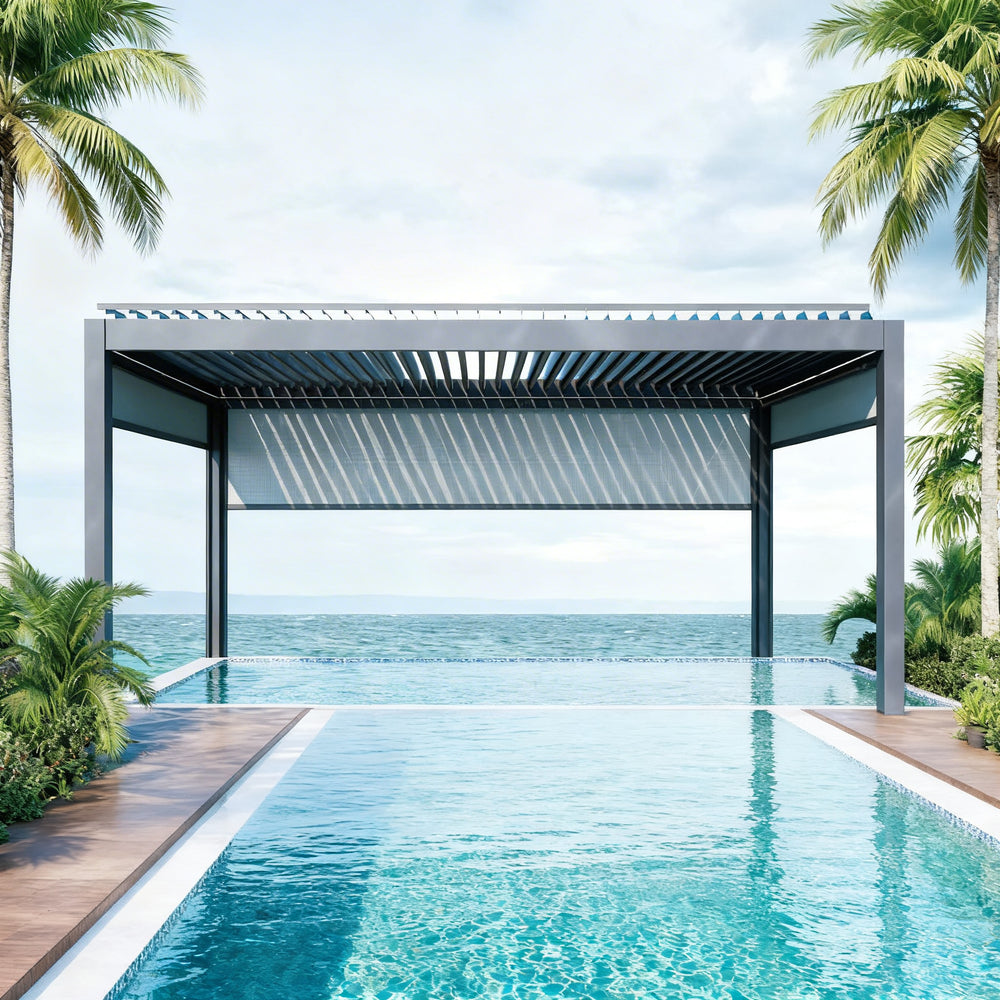 Full product view of modern pergola with slatted roof.