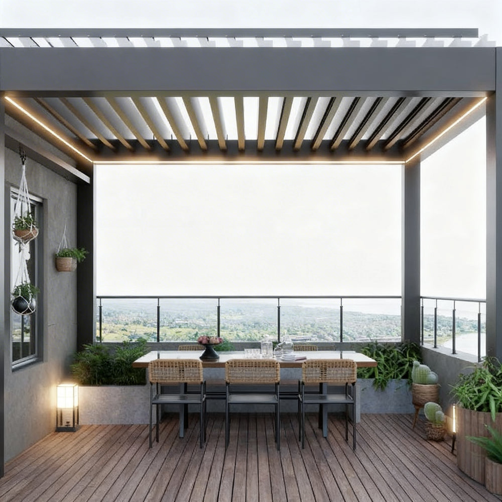 Three‑quarter view of metal pergola with open louvers
