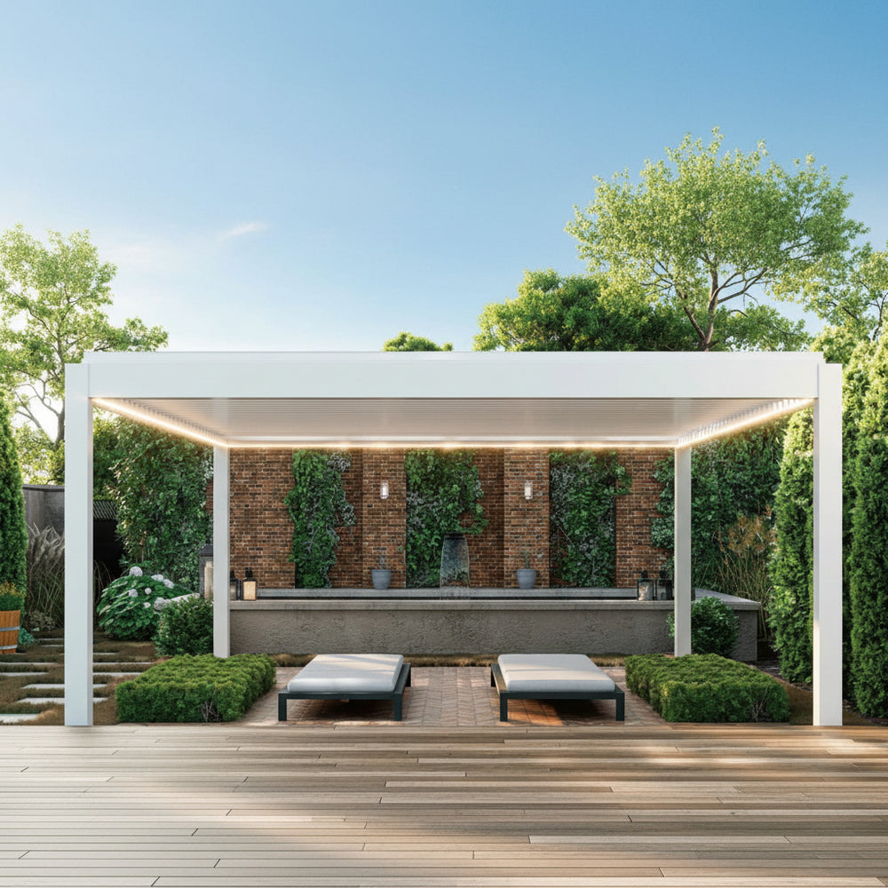 Outdoor pergola with adjustable roof and modern steel frame