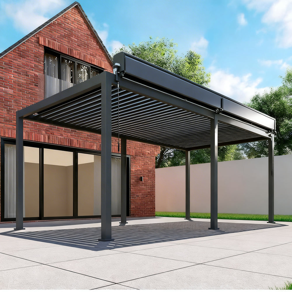 Louvered pergola casting patterned shadows on patio surface