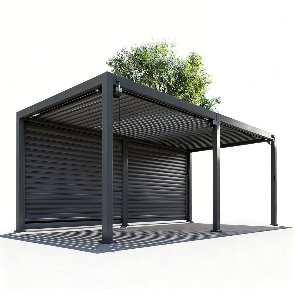 Modern free‑standing louvered pergola with adjustable roof blades