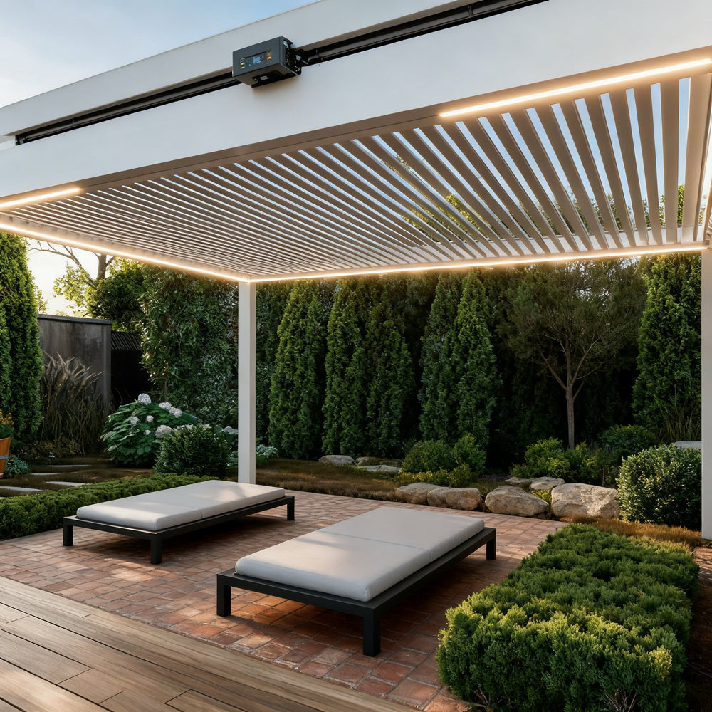 Front view of metal pergola featuring adjustable louvers