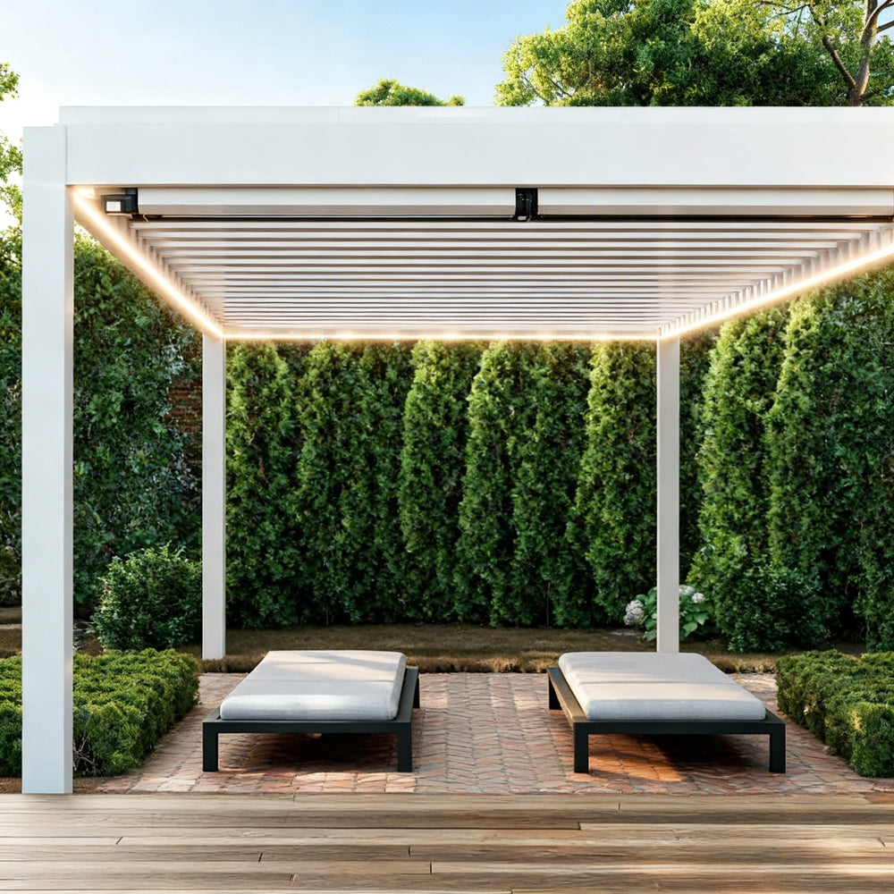 Front view of metal pergola featuring adjustable louvers
