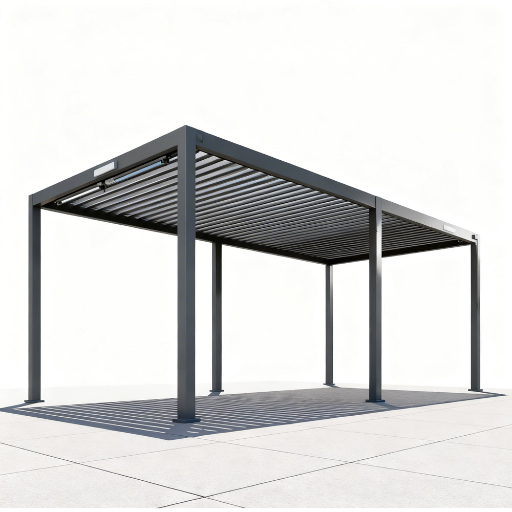 Side angle of louvered pergola with horizontal roof slats.
