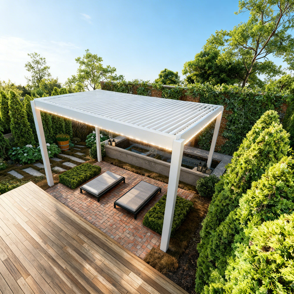 Side angle of louvered pergola with horizontal roof slats.
