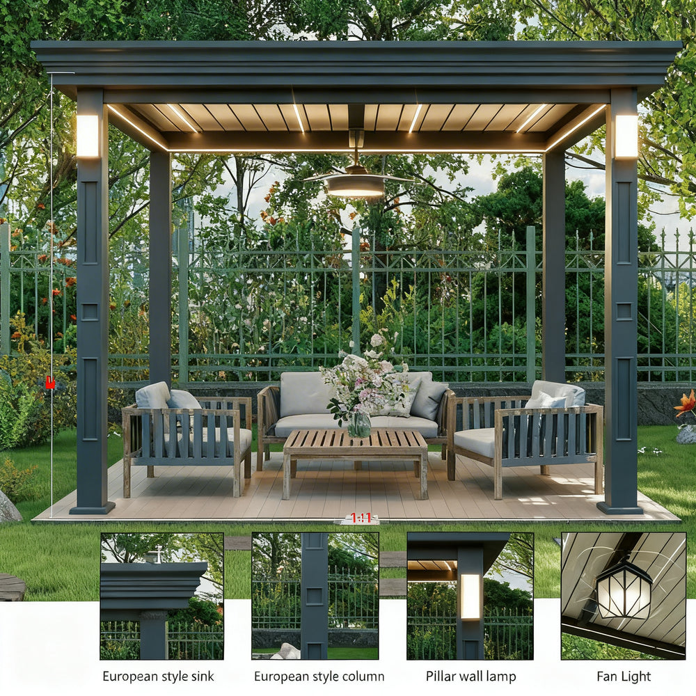 Patio with pergola, outdoor furniture, and decorative elements in a garden setting.