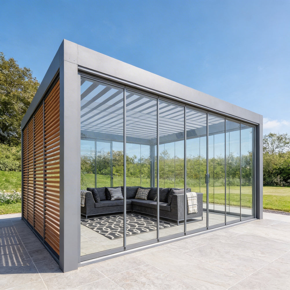 Front view of metal pergola featuring adjustable louvers