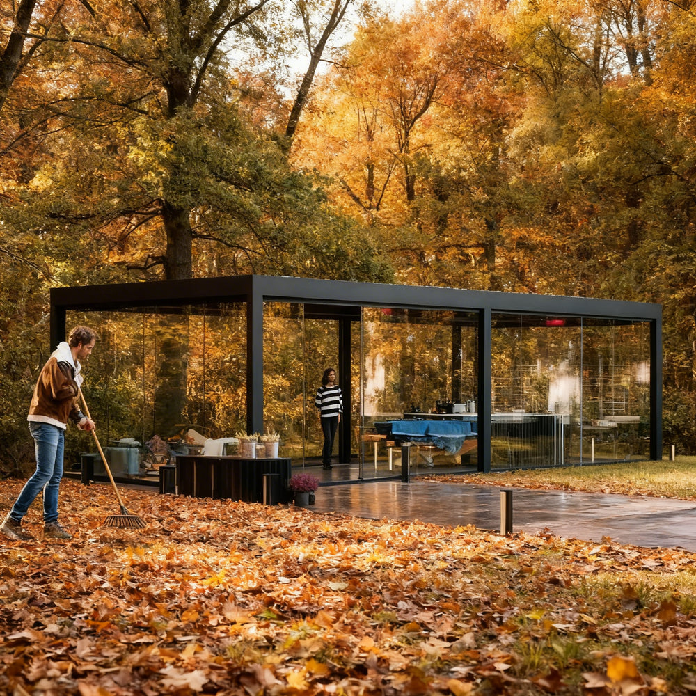 Side angle of louvered pergola with horizontal roof slats