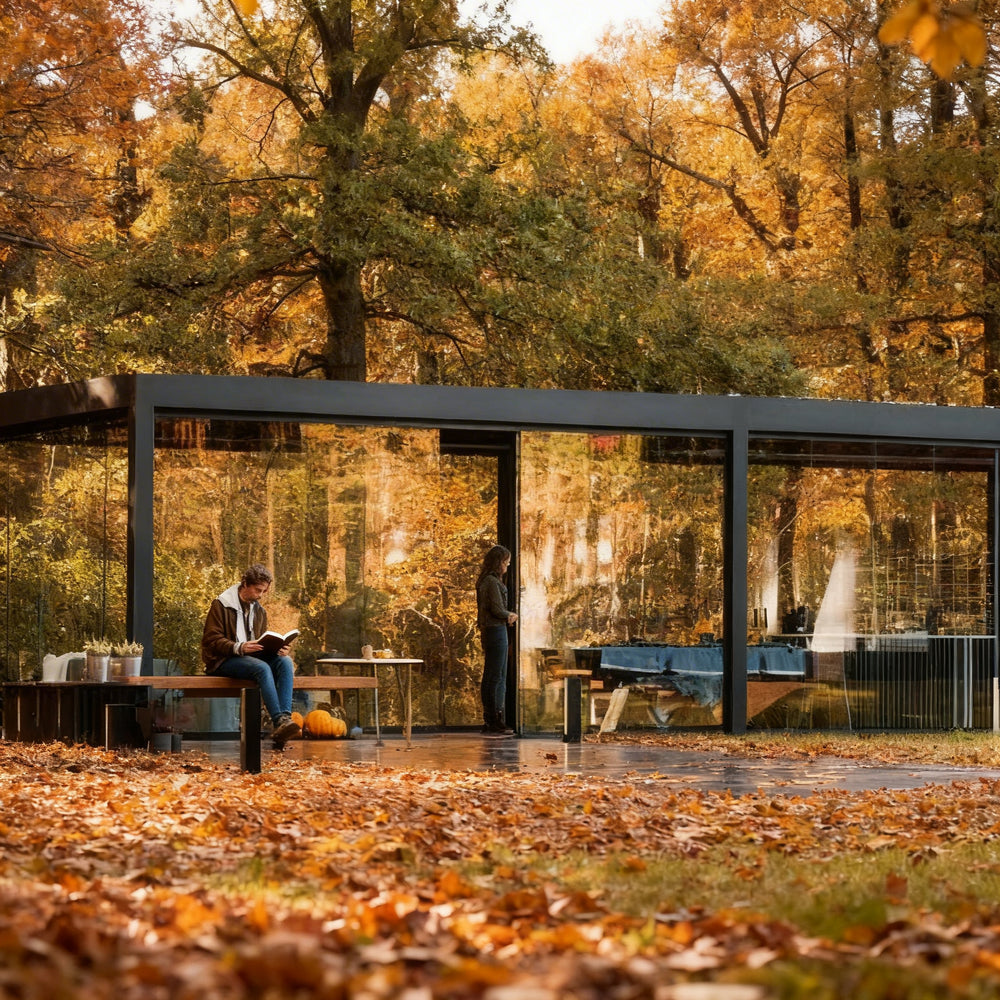 Full product view of modern pergola with slatted roof.