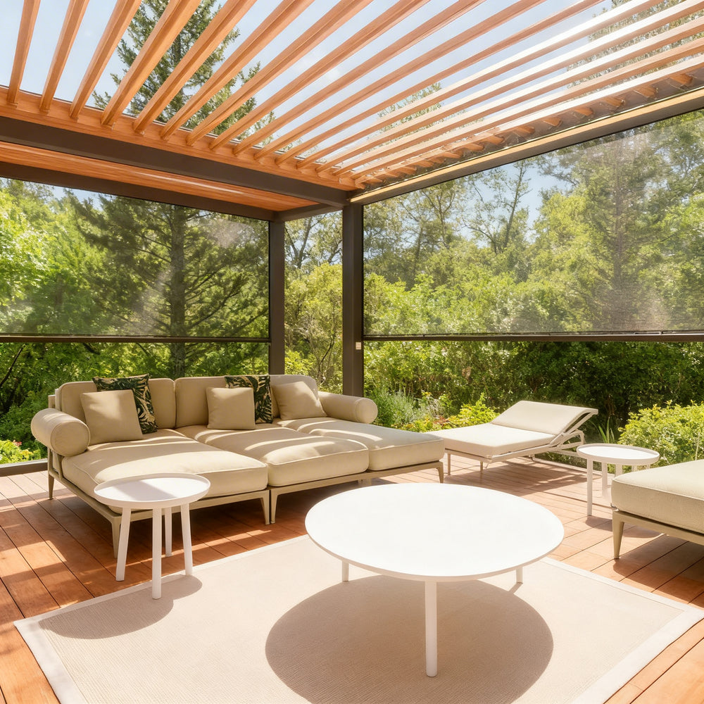 Three‑quarter view of metal pergola with open louvers
