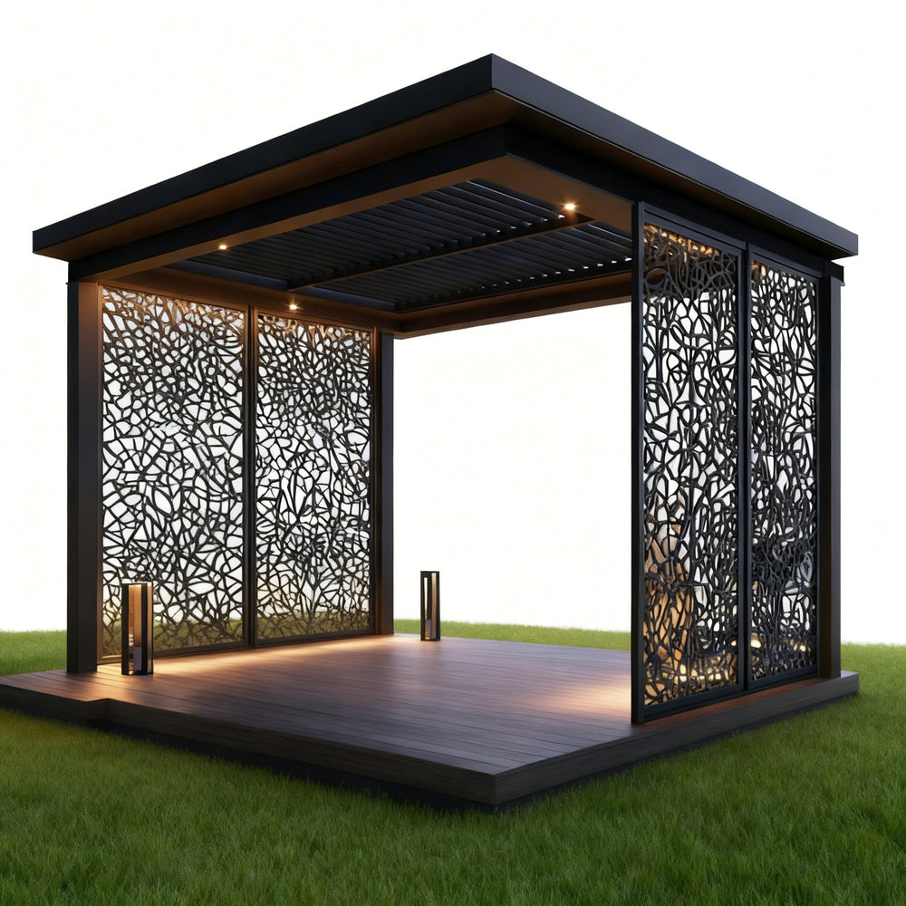 Close‑up of pergola louver blades and LED lighting