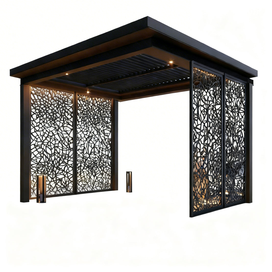 Modern louvered pergola with LED lighting and decorative privacy screen