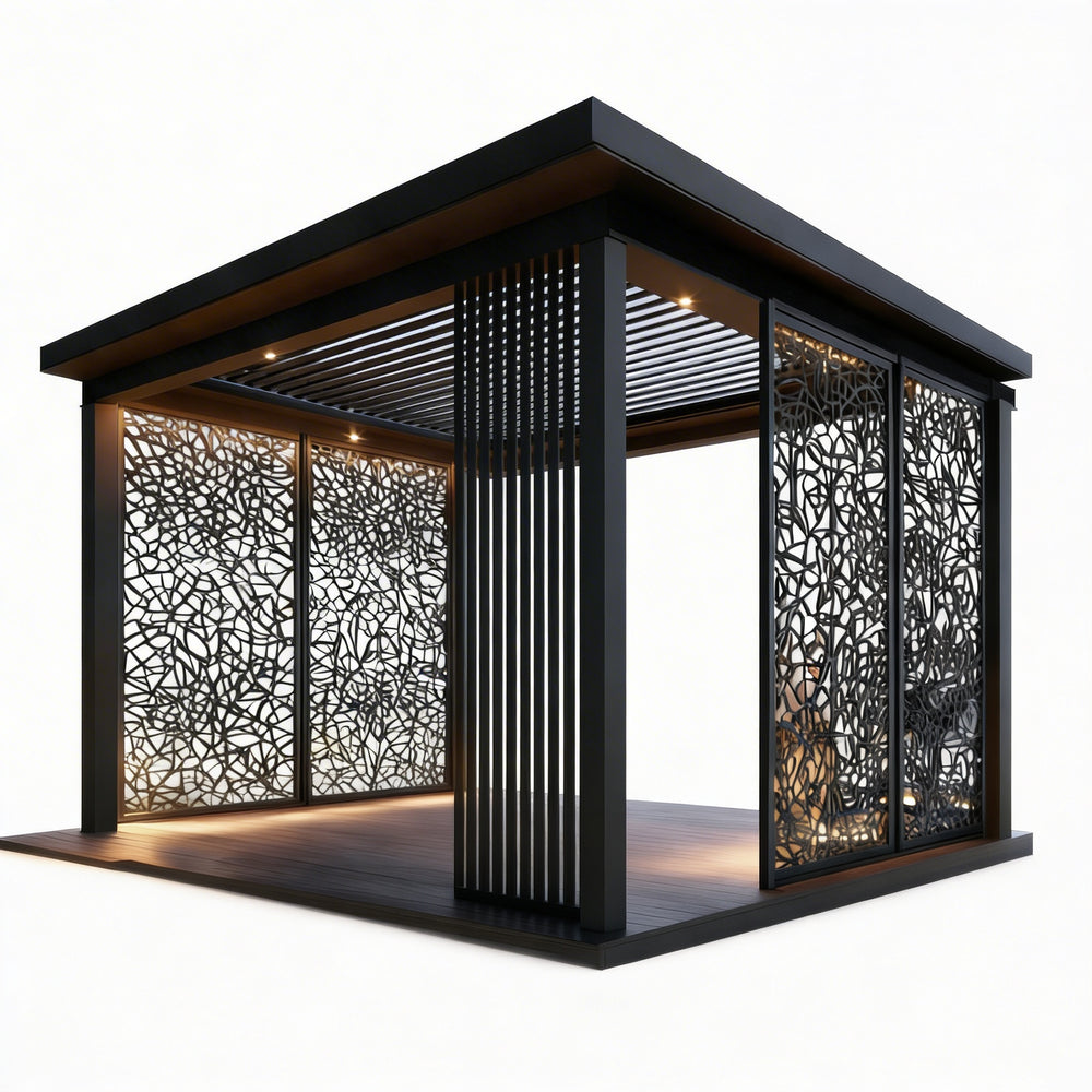 Full product view of modern pergola with slatted roof and screen panel