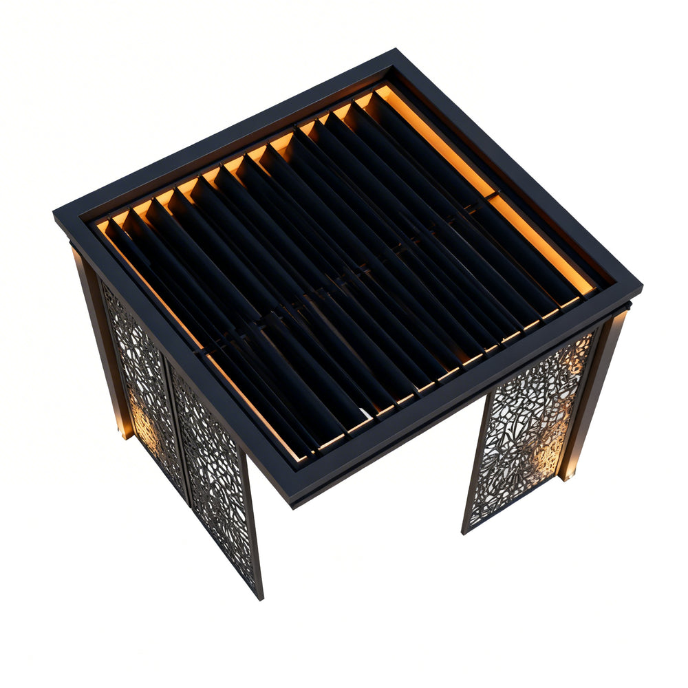 Top‑down angle showing louvered roof system and frame