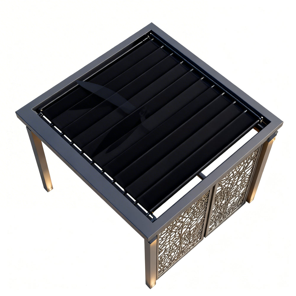 Three‑quarter view of pergola with integrated lighting
