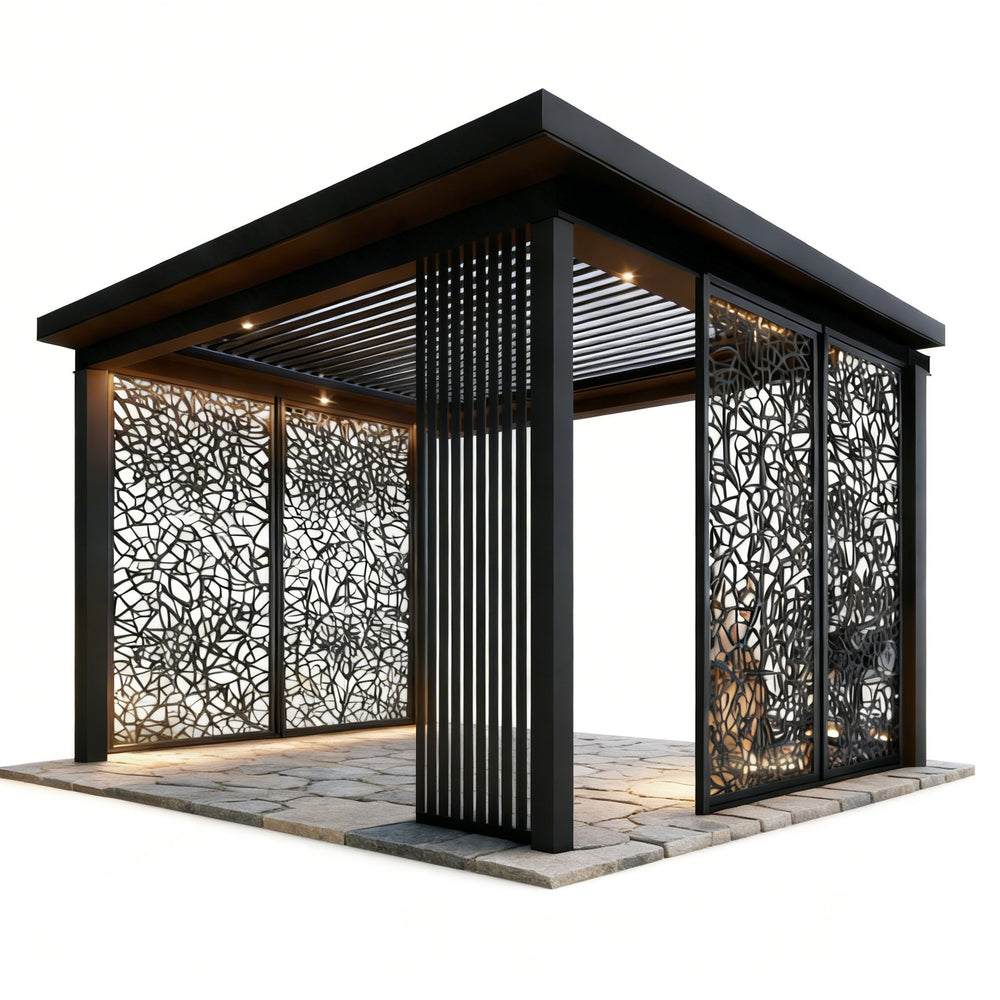 Full product view of modern pergola with slatted roof and screen panel