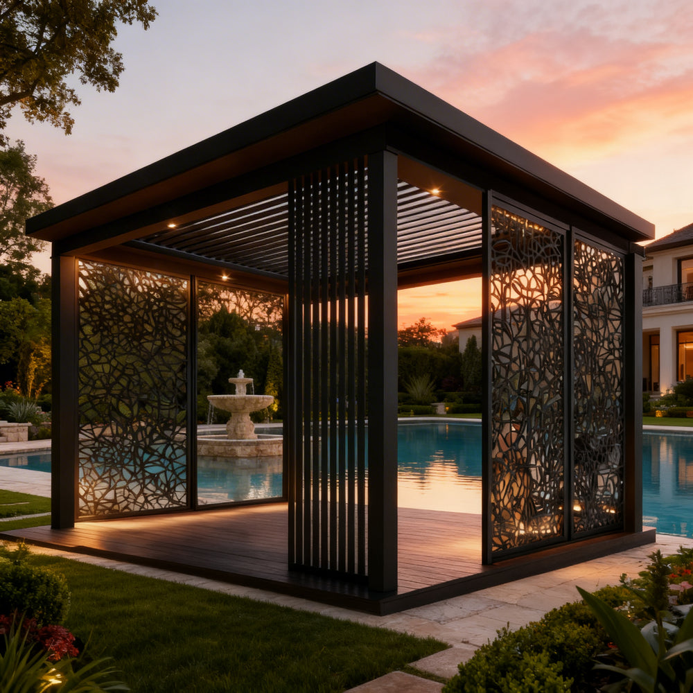 Three‑quarter view of pergola with integrated lighting