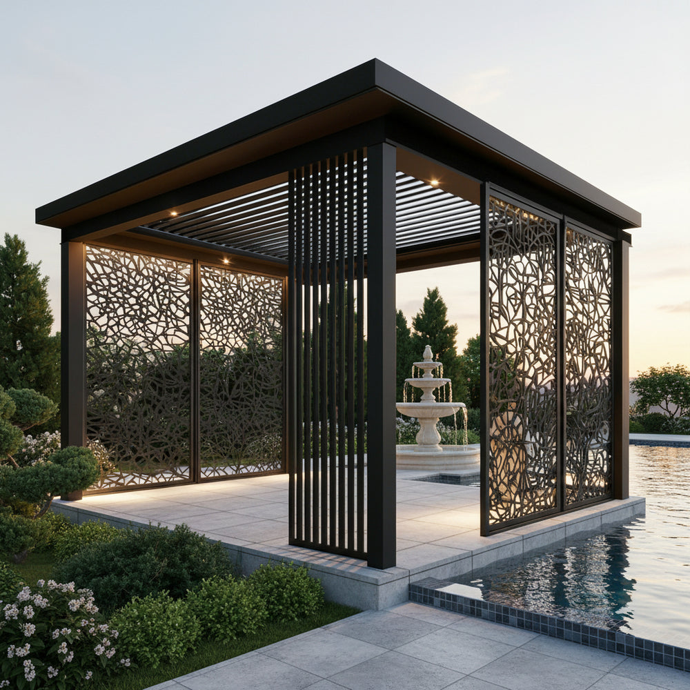 Outdoor pergola with adjustable roof and modern steel frame
