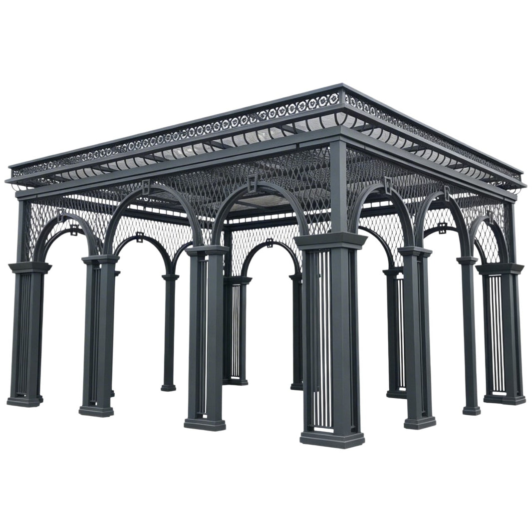 Ornamental steel pergola pavilion with arched openings and lattice panels.