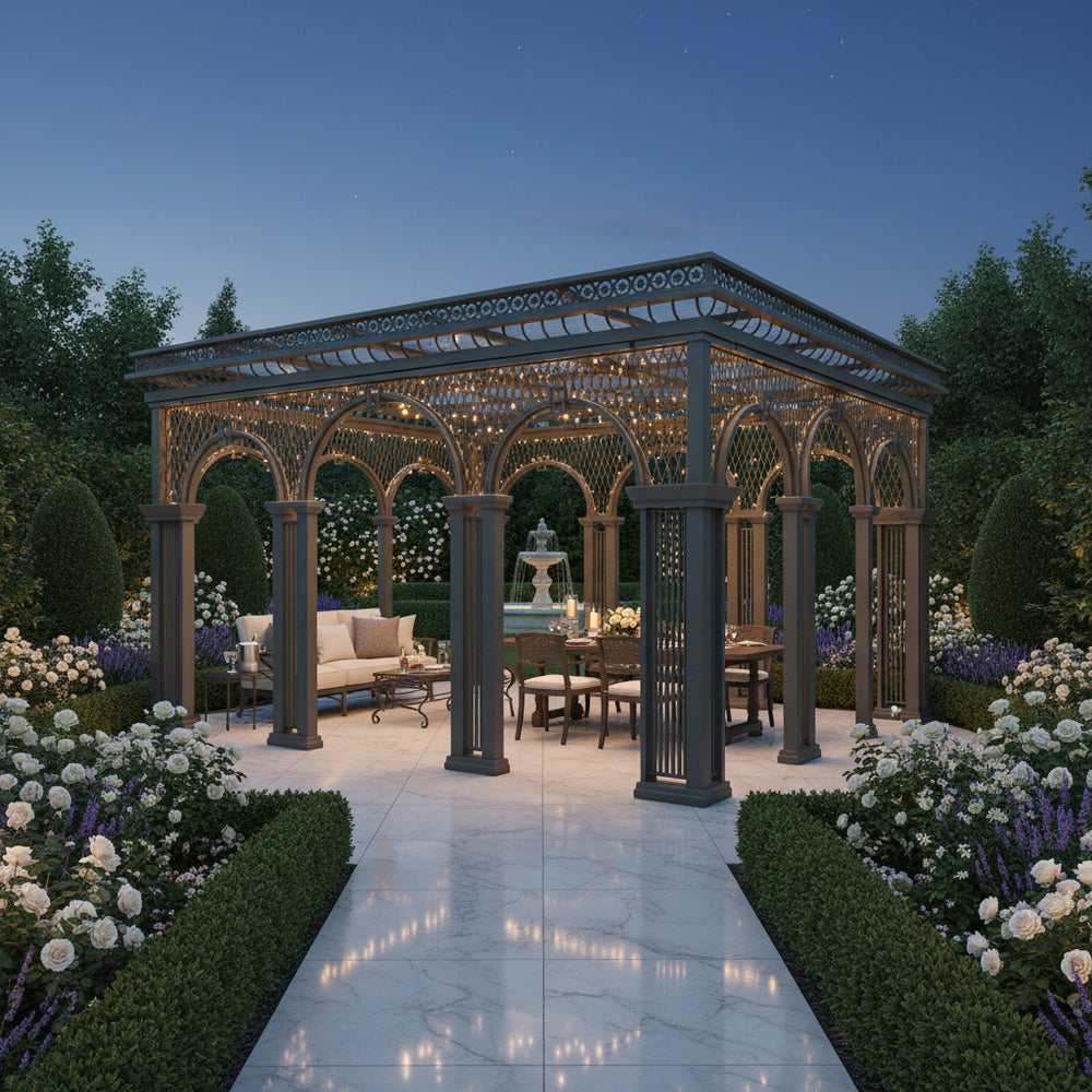 Side angle of steel pavilion featuring lattice infill panels