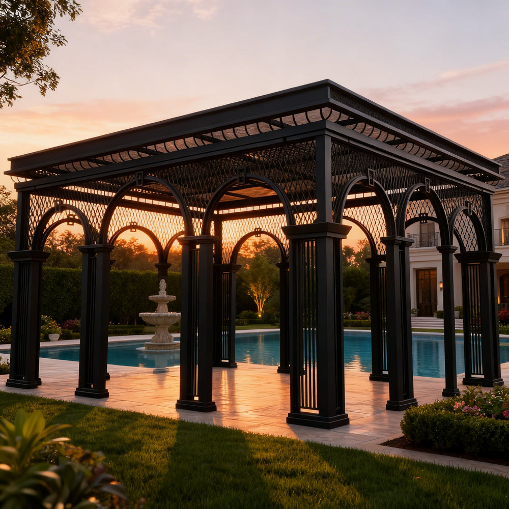 Side angle of steel pavilion featuring lattice infill panels